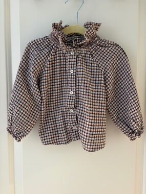 Zara Plaid Ruffle Collar Button-Up Top - Cream, Brown, Blue